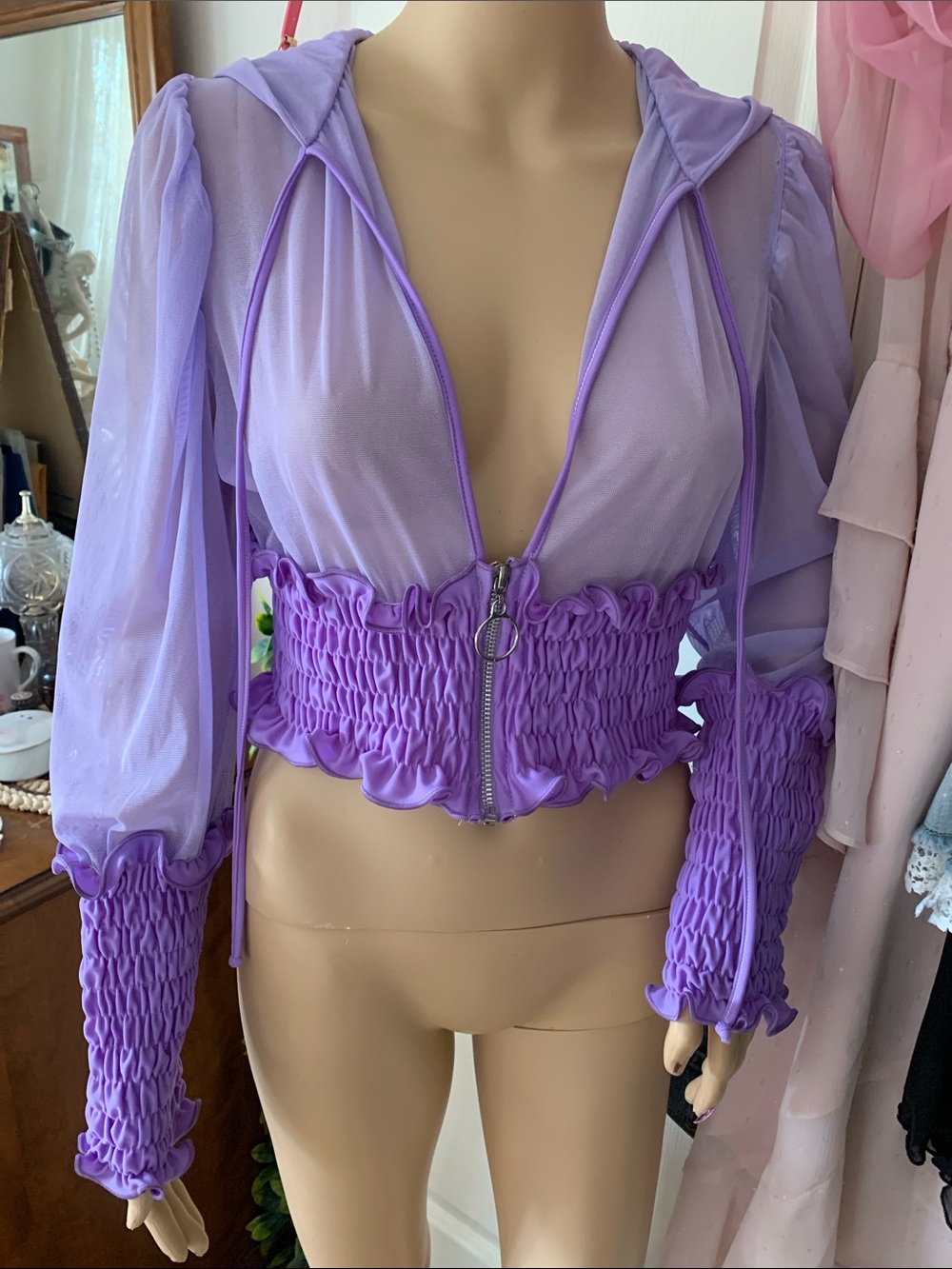 Y2K Unique Custom purple Sheer mesh chiffon puff sleeve Hooded jacket top M